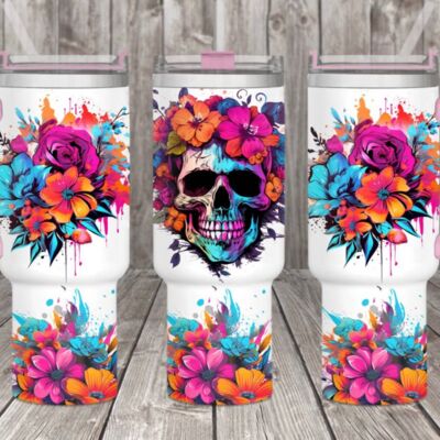 40oz tumbler wrap florals skull Thumbnail